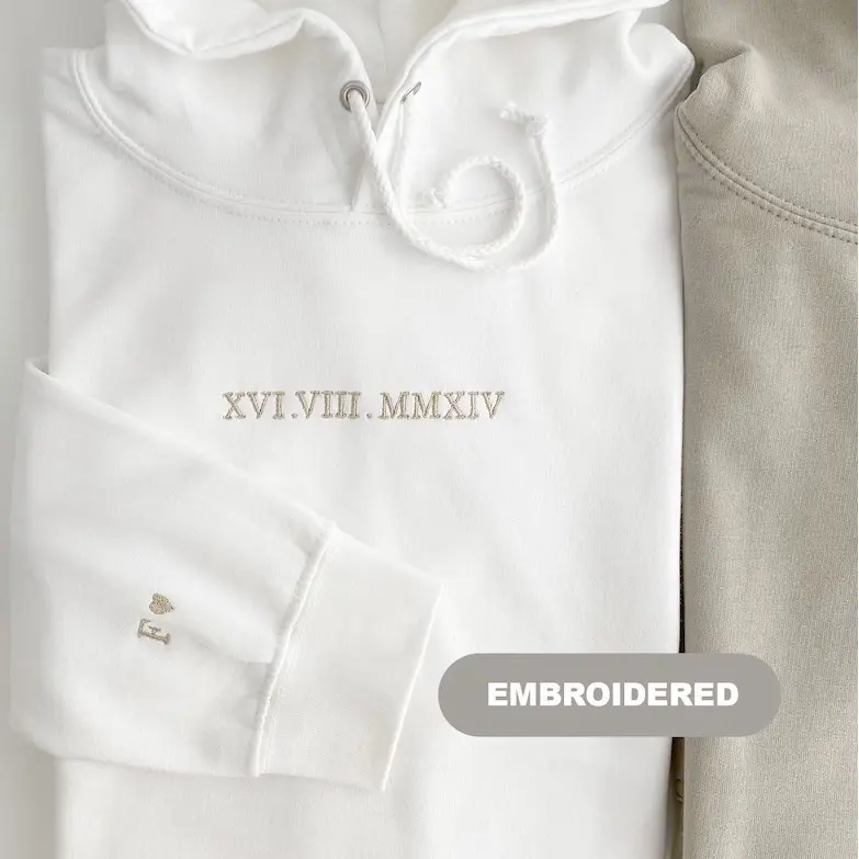 Personalised Date Hoodie and Initial Sleeve Unisex - Embroidered Embroidery Sweatshirt Heart Pullover