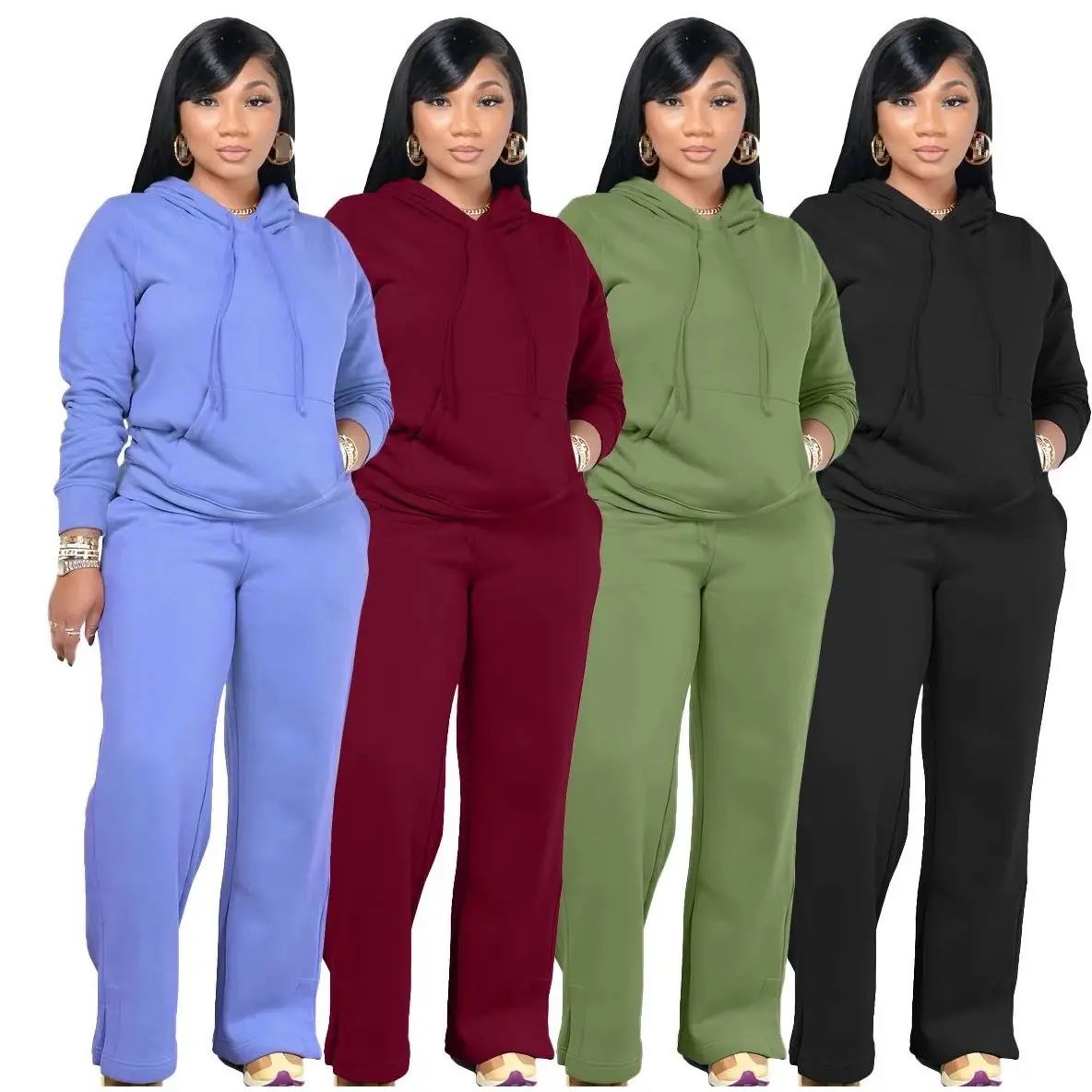 Women hoodie Two-Piece Set Women's Solid Drawstring Hoodie & High Waist Pants Set, Casual Long Sleeve Pocket Hooded Sweatshirt & Straight Leg Trousers for Spring & Fall, Ladies' Clothes for Daily Wear Comfortable Soft Lady Womenswear