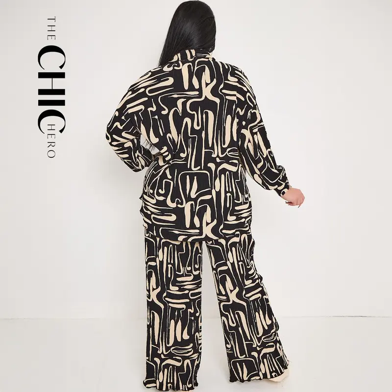 ChicHero Crinkle Abstract Print Dropped Shoulder Oversized Comfort Co-ord Shirt & Trousers 1