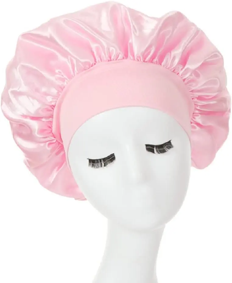 Hair Bonnet for Sleeping, Wide Elastic Band Satin Bonnet Silk Bonnet Shower Cap for Women Girls Makeup Hair Care Elastic Hat Soft Sleep Cap Satin Head Cover for Night Sleep Curly Hair Protection