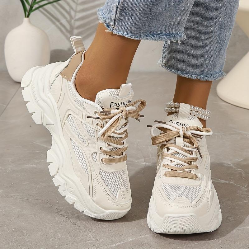 Product Introduction of Women's Lightweight Chunky Sneakers - Casual Height-Boosting, Waterproof, All-Season Low-Top Lace-Up Shoes in Beige & White with Breathable Mesh Upper and Rubber Sole 5