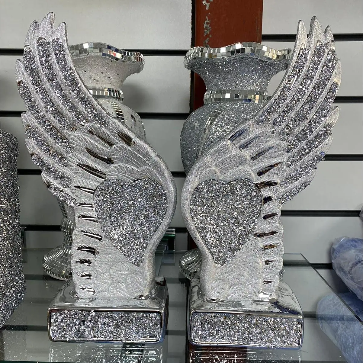 Biznest Silver Crushed Diamond Sparkly Pair Wings Angel Decoration Shelf Sitter Bling Ornaments