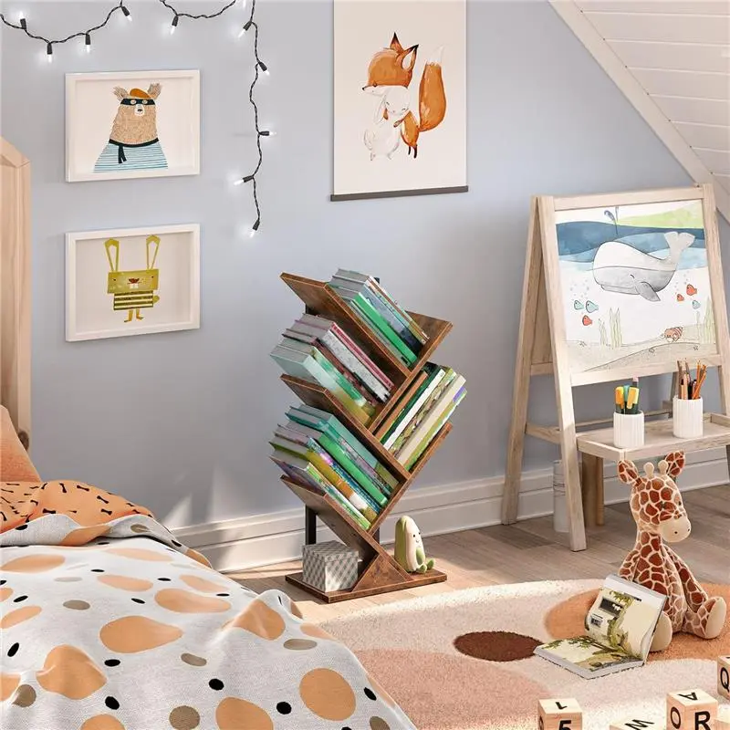 Tree Bookshelf, Tree Shaped Book Shelves, Floor Free Standing Desktop Bookshelf, Display Book Magazine CDs Rack, Rustic Brown EBF04SJ01G1 1