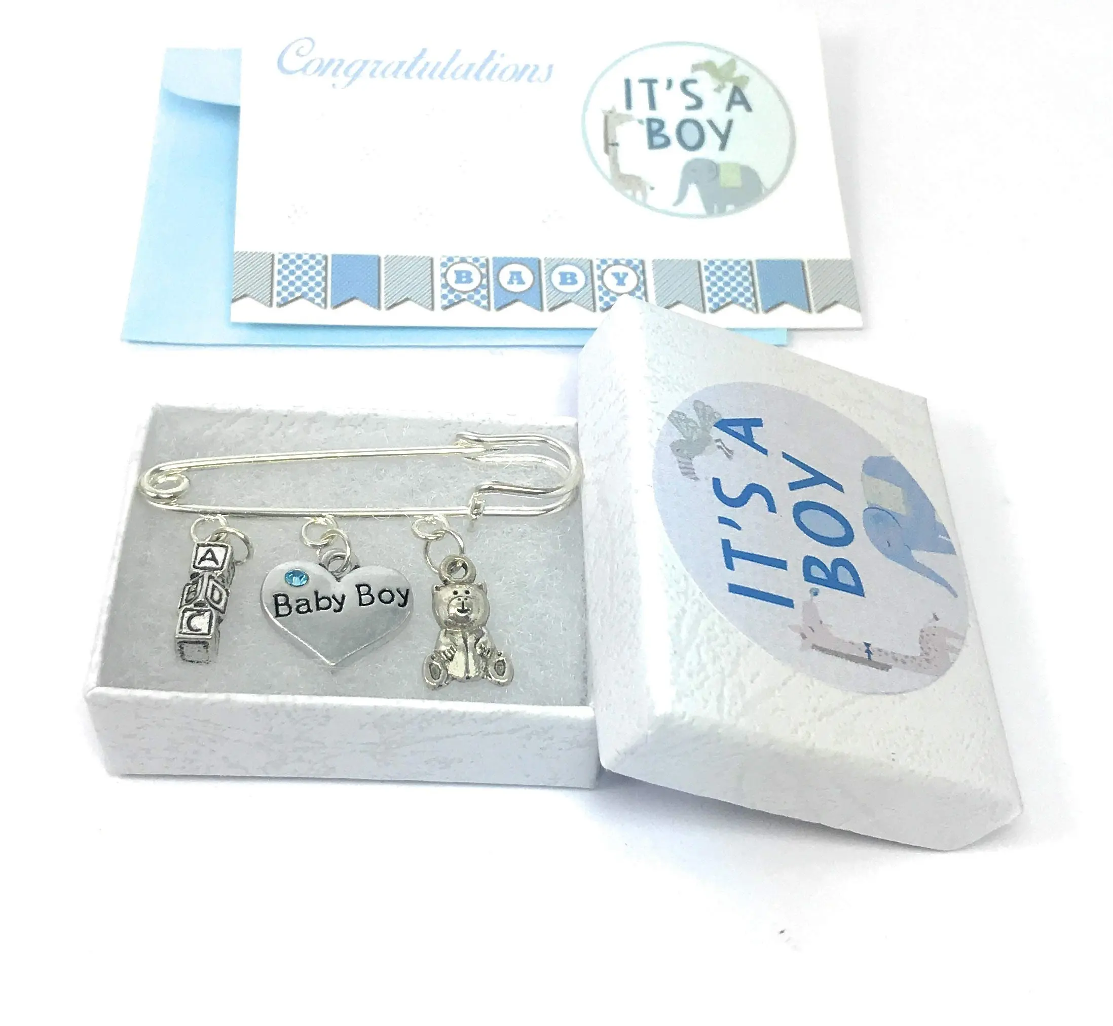 Baby Boy Nappy Pins Baby Brooch Keepsake Charms with Gift Box and Gift Card - Teddy Bear and Letter Block