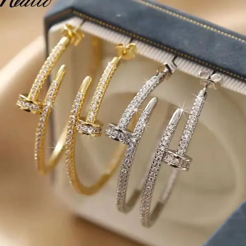 Stainless Steel Tarnish Free Nail Design Hoop Earrings- Elegant Fashion Accessories
