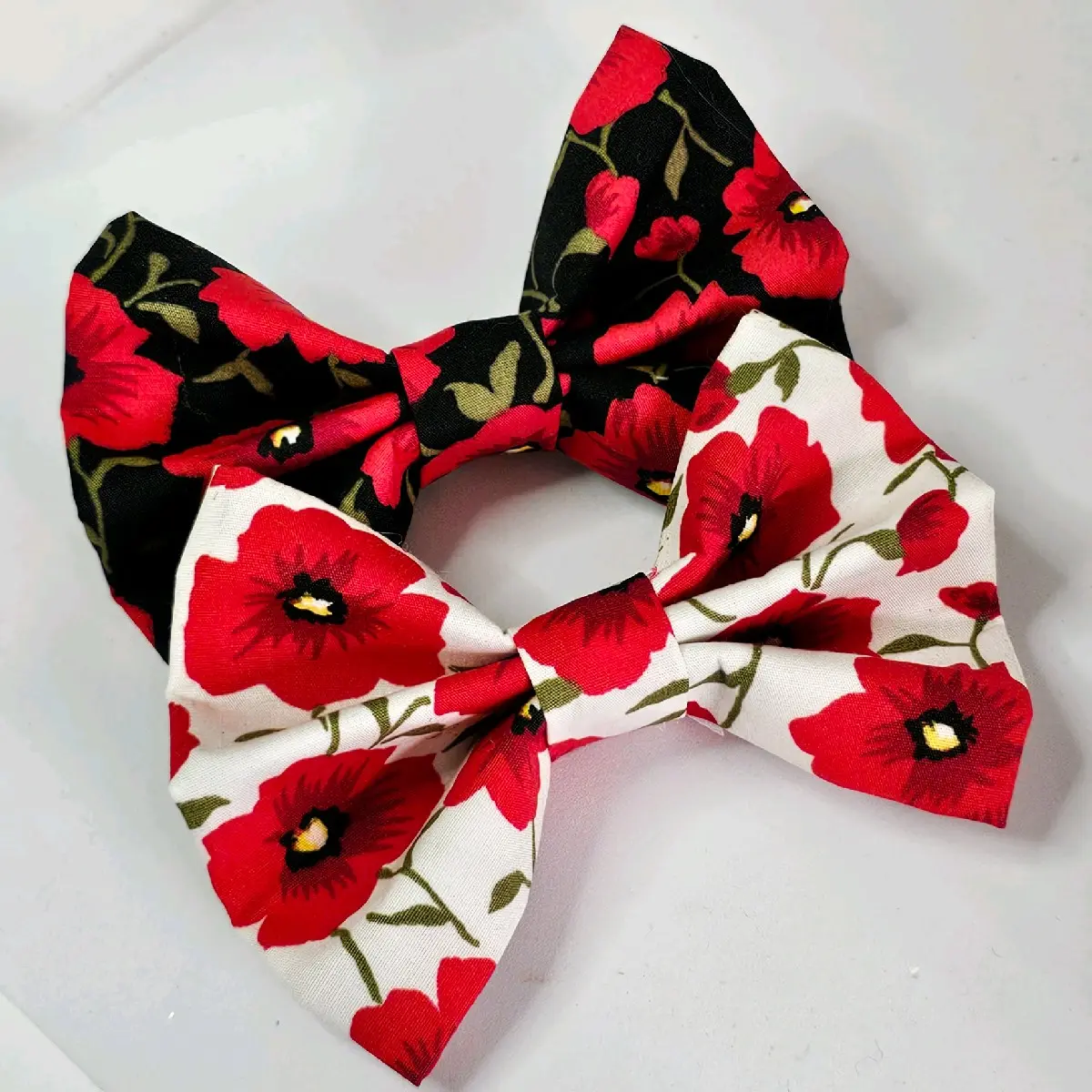 Set of 2 Handmade Dog Pet Bow Tie Poppy Remembrance Day Slide On To Collar