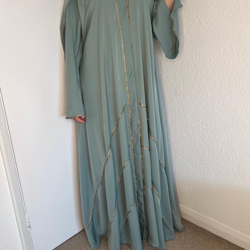 Ameerah Sage Green Abaya with Silver Diamanté Work party wear occasion Eid abayas classy 4