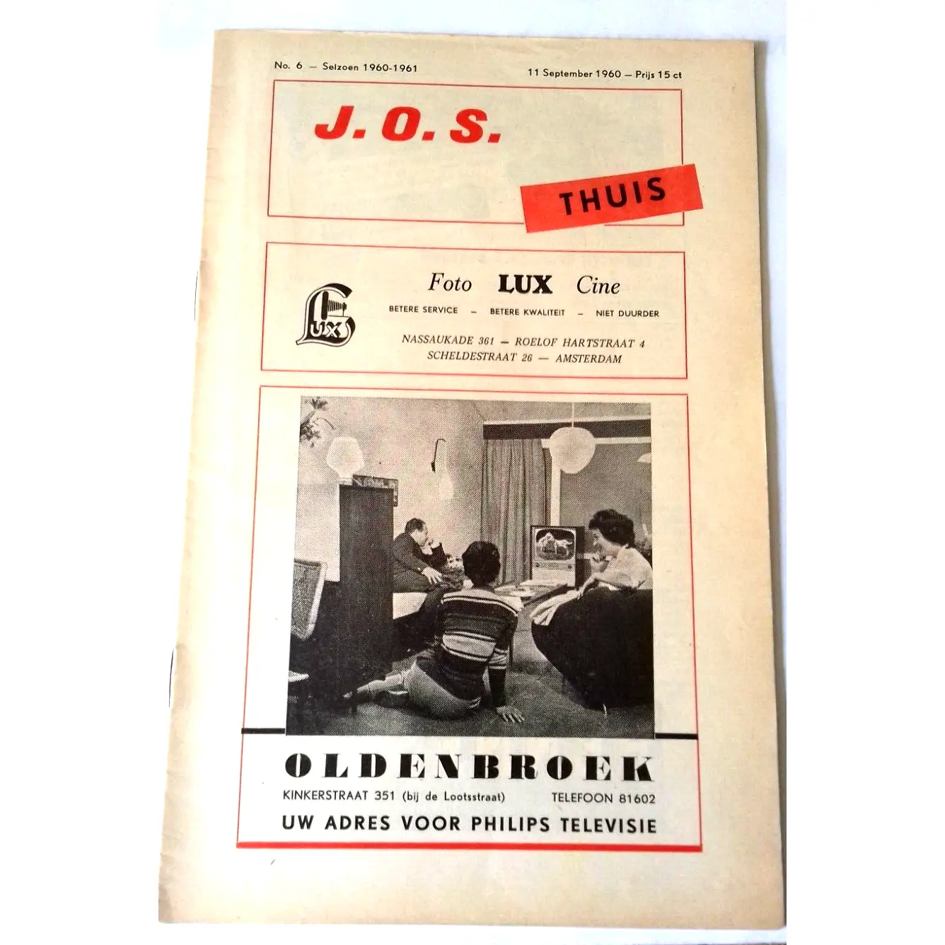 J.O.S. V W.V.C. Match Programme Eerste Klass A Amateur 11th September 1960.