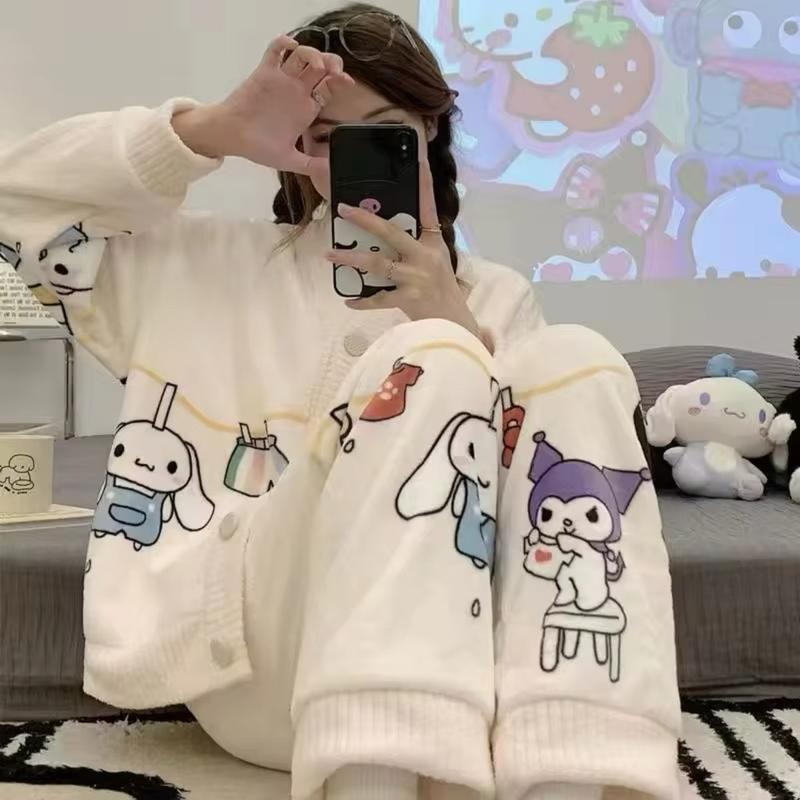Kulomie Women's Winter Coral Fleece Hello Kitty Cartoon Loungewear Set - Womenswear, Clothing Suits Comfort Pajama Set Long Sleeve Comfortable Nightwear Casual Cute Flannel Style Homewear Pjs Longsleeves 2