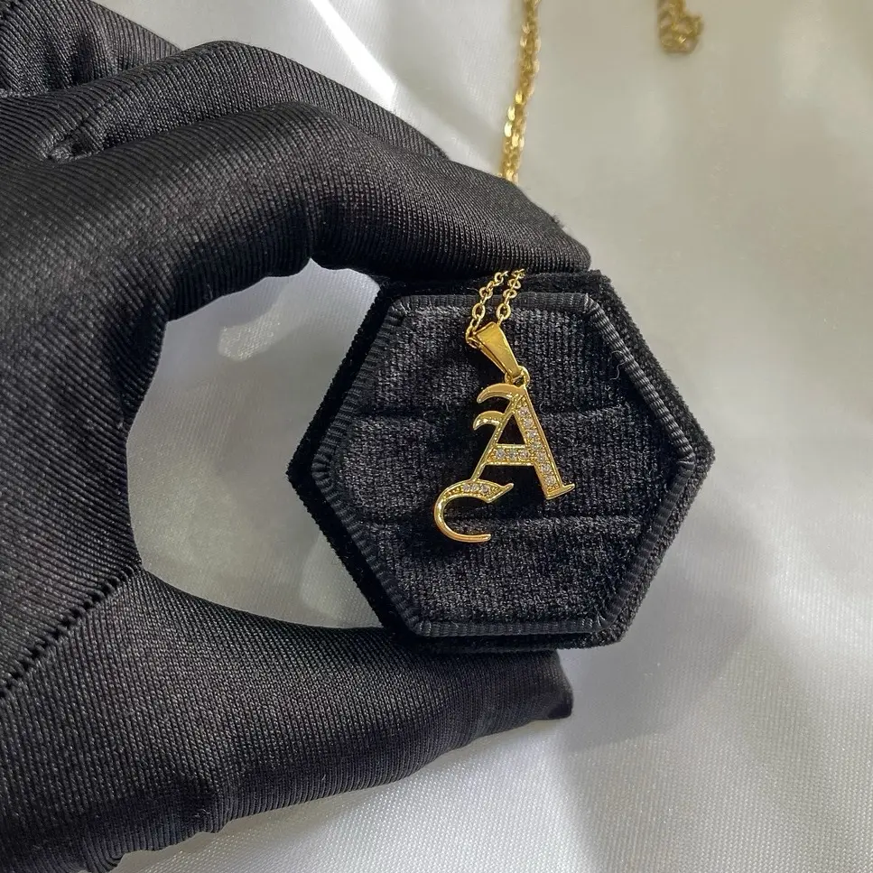 Letter A Gold Script Necklace with Stainless Steel Chain - CZ Crystal, 38cm+7cm Extender