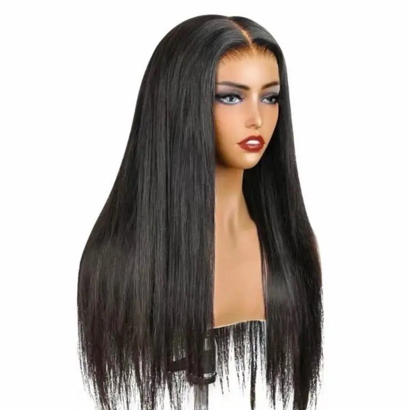 24”women 13x4 Black Brown Natural Straight Synthetic Hair Lace Front Wig, Pre-Plucked Hairline No Glue, Heat Resistant Fiber, Soft & Straight For Women