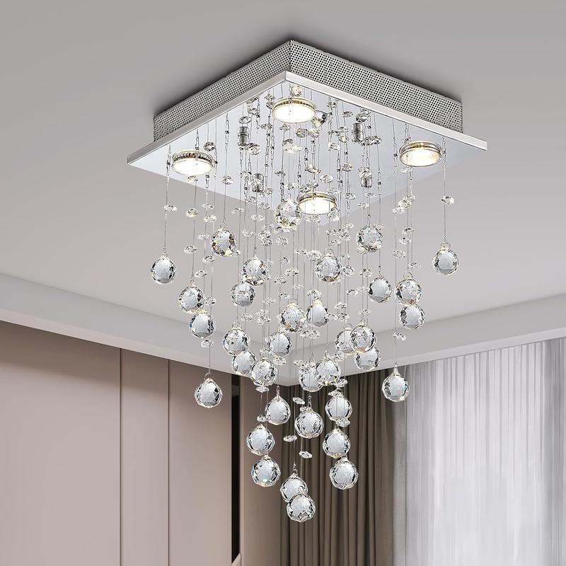 Modern Crystal Raindrop Chandelier, Flush Mount LED Ceiling Light for Dining Room, Bathroom, Bedroom, or Living Room, 4 GU10 LED Bulbs Required, Width 35cm, Height 50cm [Energy Class A+++] 1