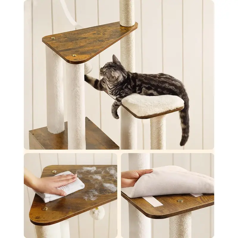 Woodywonders Cat Tree, 65-Inch Modern Cat Tower for Indoor Cats, Multi-Level Cat Condo with 5 Scratching Posts, Perch, Washable Removable Cushions, Cat Furniture, Rustic Brown UPCT166X01 3