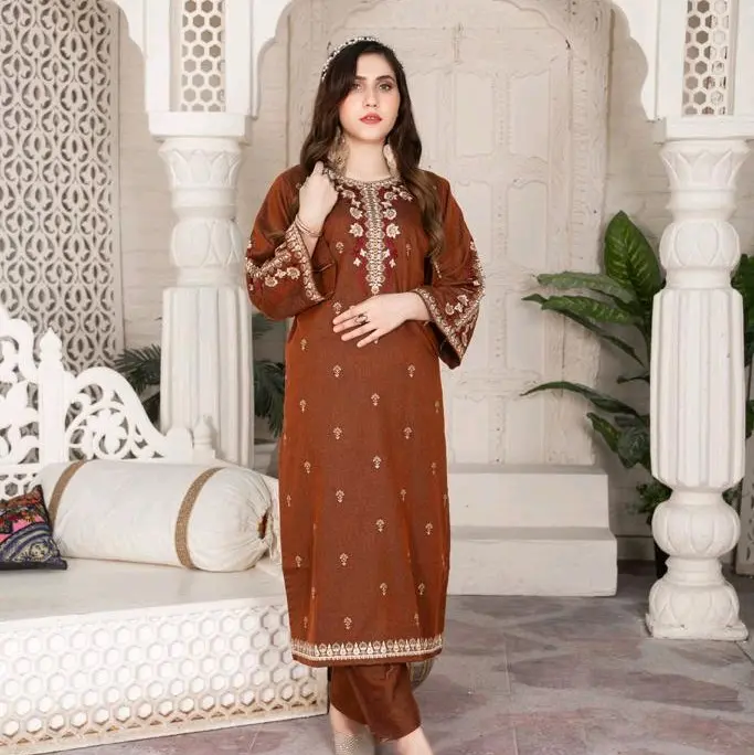 Beautiful Soft Denim 2 Piece Embroidered Casual Outfit For Spring Comfortable Kurta & Trouser Elegance Set Chiffon Dress 3