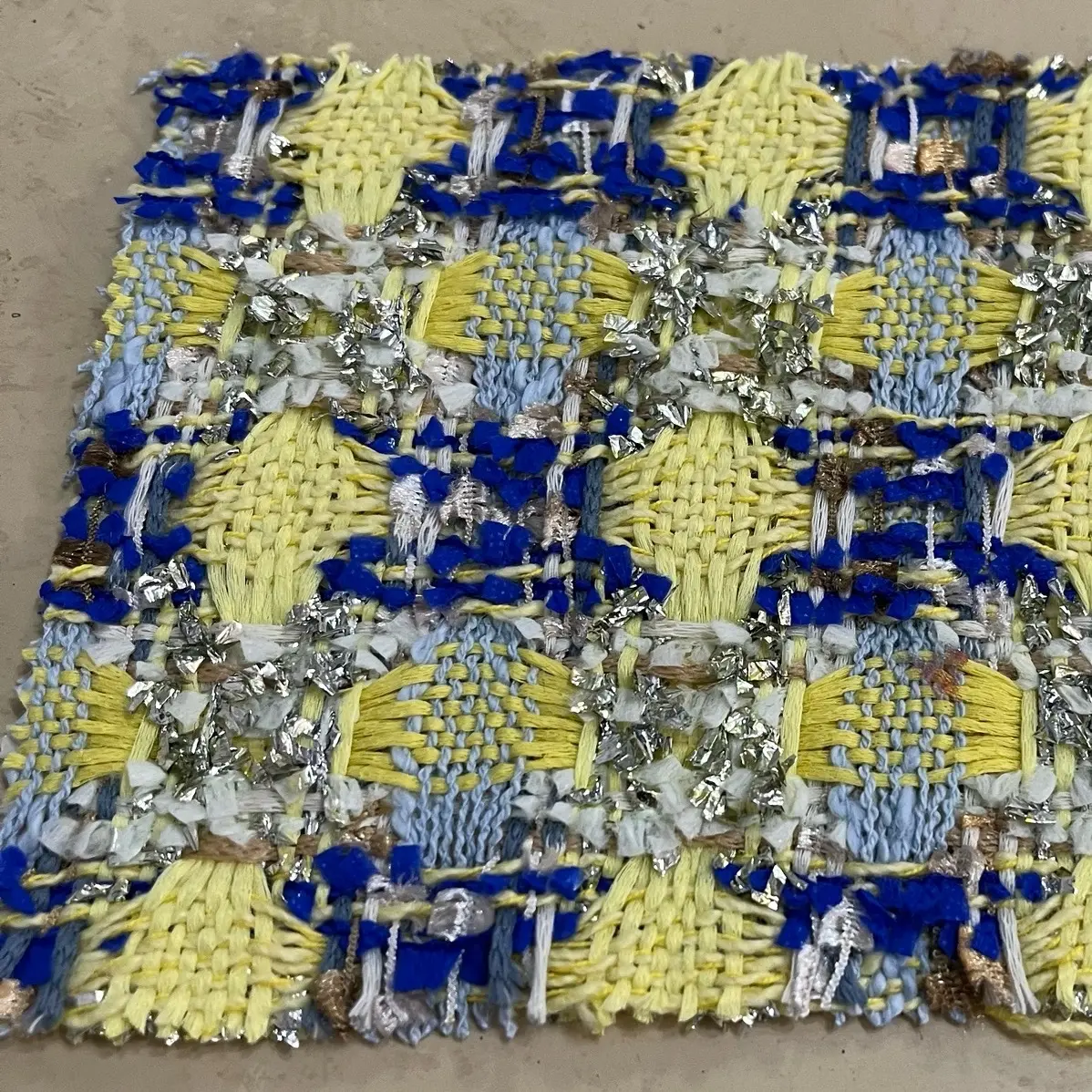 NEW High Class Yellow Silver White Flag Blue Couture Tweed Boucle Fabric (Read Description)