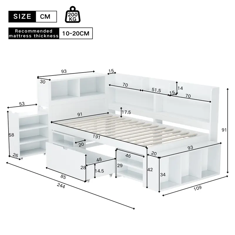 Children's bed, Single Bed-3ft(90*190cm), single bed, multifunctional children's bed with drawers, bookcase and storage cupboard, large storage space, slatted frame, without mattress, white 5