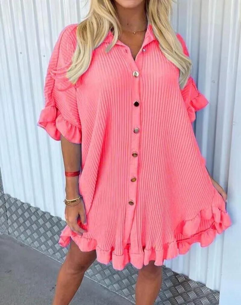 Product Introduction of Women’s Ladies Gold Button Pleated Frill Summer Shirt Swing Mini Dress Viral TikTok Top Casual Fabric 5