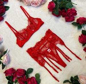 Liliosa Lingerie Rosso High Quality Lace and Satin Red 3 Piece Lingerie Floral Embroidery Set - (Clasp Bra + Clasp Garter +Thong Panties + Thigh Straps) Comfortable Womenswear, Seamless Comfort Bra Thong, Everyday Elegant Lingerie Outfit Elegance