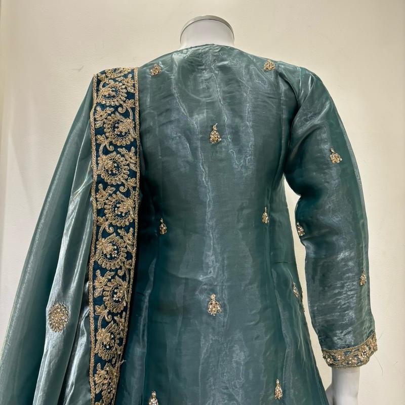 Teal colour Embroidered Farshi Lengha Suits for Women - Gul Wedding Collection (3 Pieces) - Traditional, 7