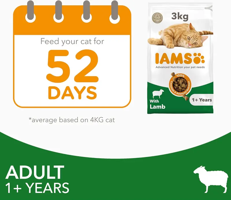 IAMS Complete Dry Cat Food for Adult 1+ Cats with Lamb 3 kg - High Protein and Low Fat 6