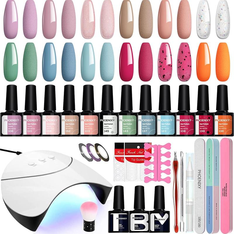 Gel Nail Polish Starter Kit, Phoenixy 12 Colours Soak Off Gel Nail Polish Set with Nail Lamp 8ml Gel Nail Kit Gift Set for Women 0