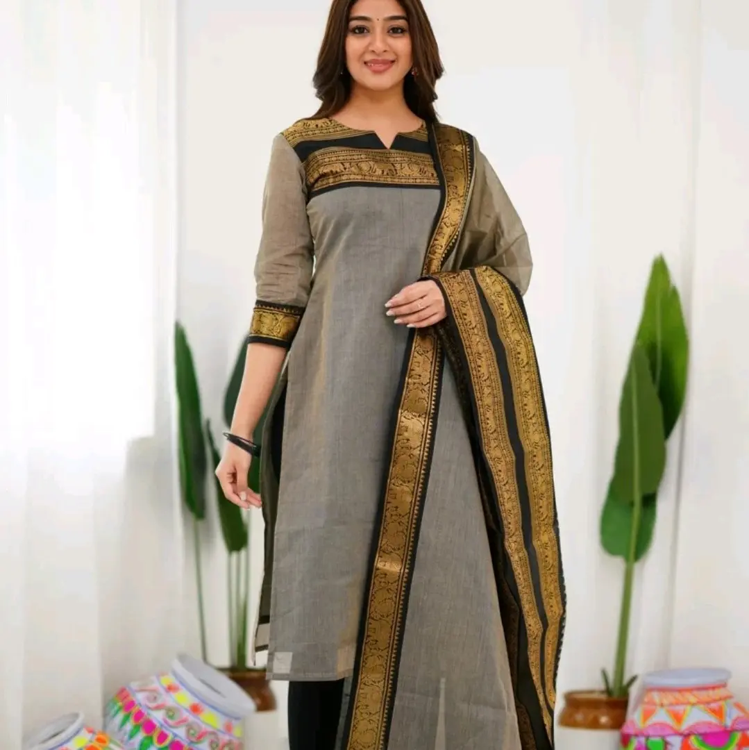 Silk Cotton Women's Ready-made Kurtis with Dupattas Asian Womenswear Salwar Clothing Elegant Dress Traditional Casual Breathable Soft