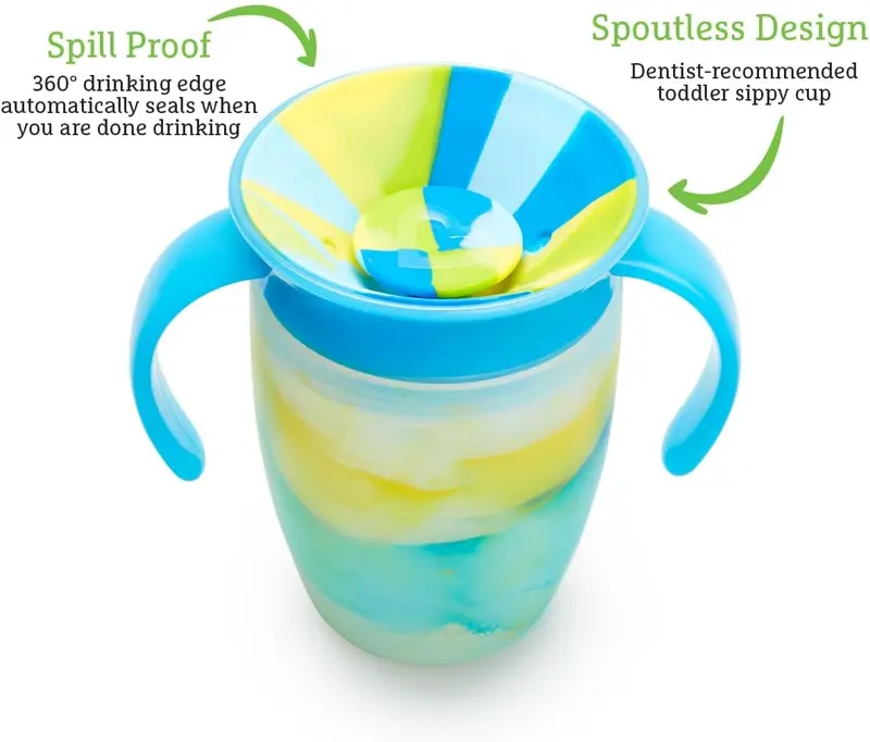 360 6+ Month 7oz Baby Sippy Cups (2-Pack). Trainer Cup, Spill-Free, Dishwasher-Safe Baby Water Bottle with Easy-Grip Handles. (Blue/Yellow) 1