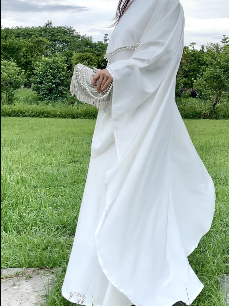 Product Introduction of 2025 Ramadan Promotion Two- piece Satin cape elegant dress , occasion abaya , Modest dress with pearl and crystal 31