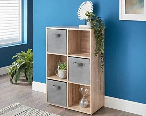 spot on dealz 6 Cubes Wooden Storage Shelving Unit Oak With 3 Grey Fabric Woven Drawer Basket Bookcase Home Office Use Display Furniture Living Room furniture Decor 5