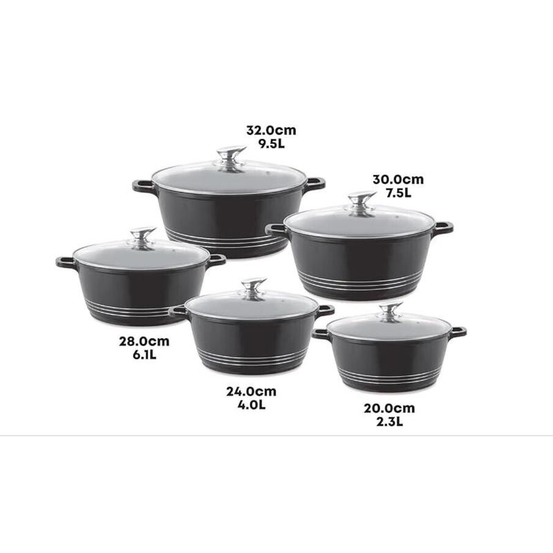 5Pc Durane Casserole Stockpot Cooking Pan Induction Cookware Die-Cast Set Black non stick Aluminium Glass Lid 1