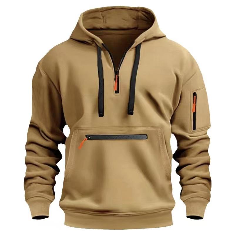 Men's Solid ColorHalf-Zip Design Long Sleeve Casual Hooded Sweatshirt With Kangaroo Pocket For Fall/Winter Casual Daily Wear 5