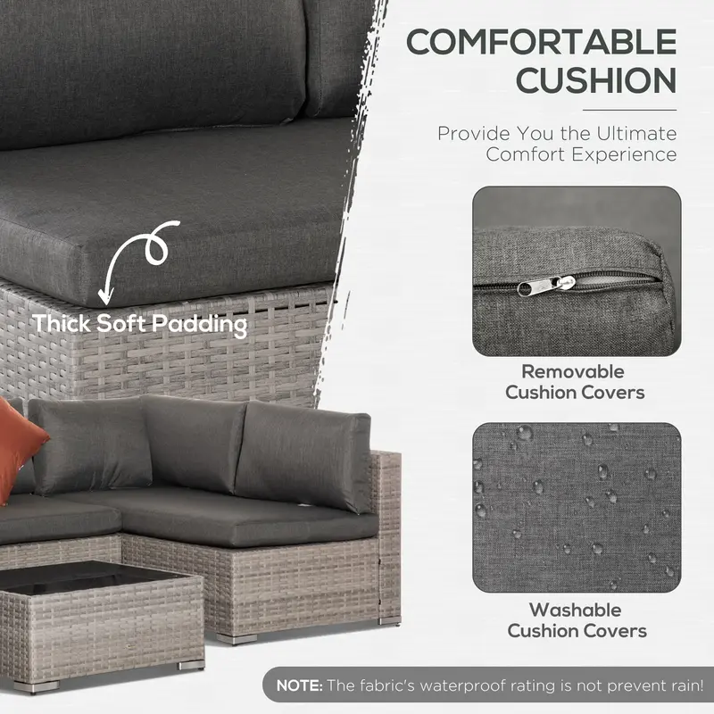 6-Seater Garden Rattan Furniture PE Rattan Sofa Set, Outdoor All Weather Conservatory Furniture, w/ Tempered Glass Coffee Table, Deep Grey 4