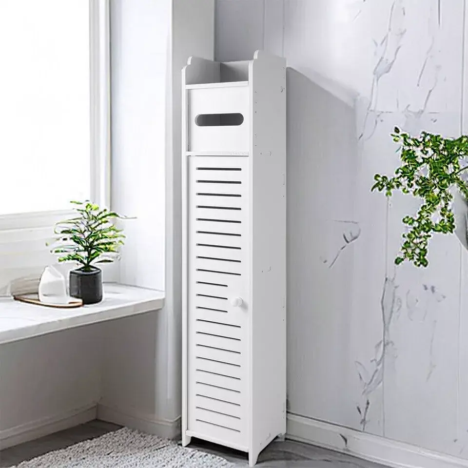 EcoVend Wooden White Free Standing Toilet Paper Roll Holder Bathroom Storage Cabinet UK Organiser Racks