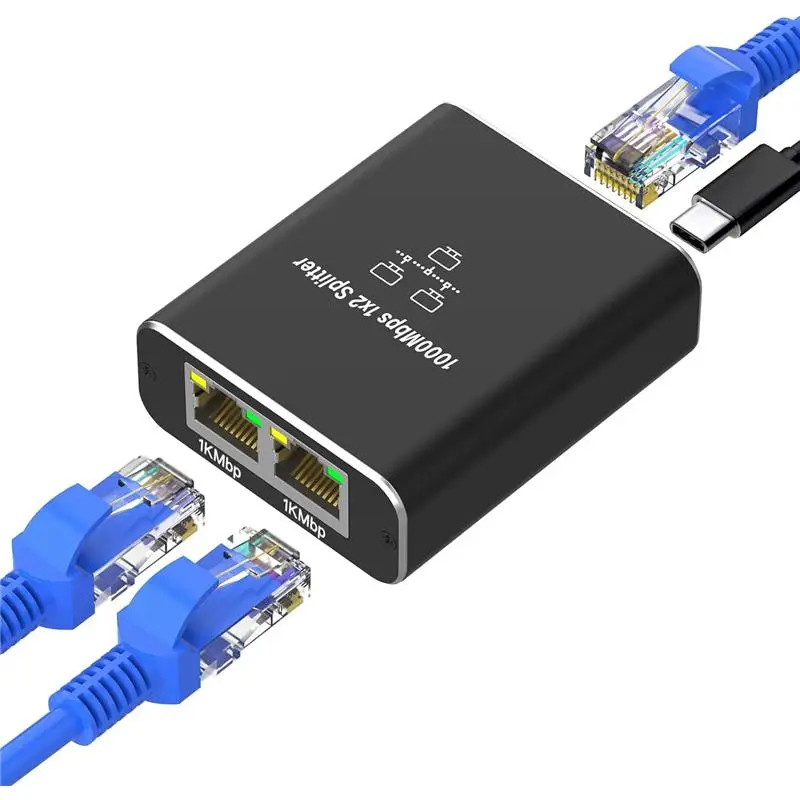 Ethernet Splitter 1 to 2, Gigabit Ethernet Network Switch, 1000Mbps RJ45 Internet Splitter Network Splitter with USB-C Power Cable for Computer, Laptop, Hub, Switch, Router, Set-Top Box, Model: LAN Splitter 1 à 2 3