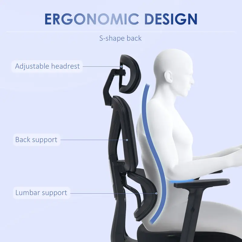 Vinsetto Ergonomic Office Chair, Mesh Swivel Desk Chair with Lumbar Support, Padded Seat, Adjustable Height and Headrest for Home Office, Black 3