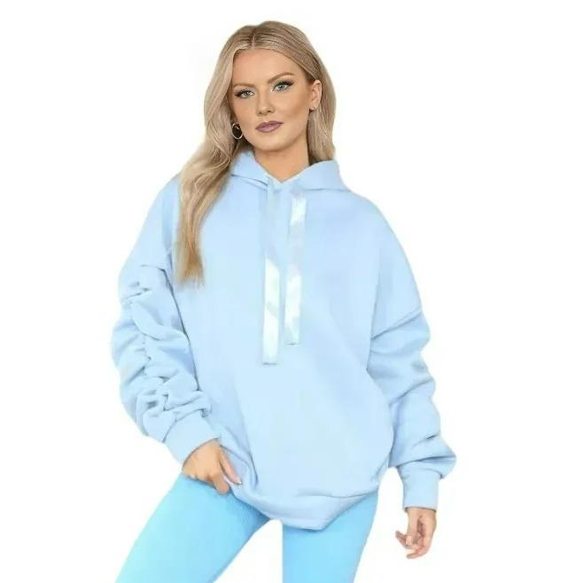 CRAZY LUXE Women's Ruched Sleeve Oversized Hoodie Ladies Ribbon Hoodie Jumper top Sizes 8-22 4