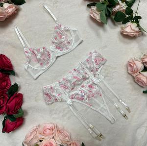 Liliosa Lingerie Maya Blossom Floral Embroidery High Quality Soft Fabric Mesh Sheer White Pink 3 Piece Lingerie Set, Adjustable Spaghetti Straps, Comfortable Womenswear, Spring Summer Lace Lingerie Set, Satin Belt , Customized Elegance Feminine Heart Bra