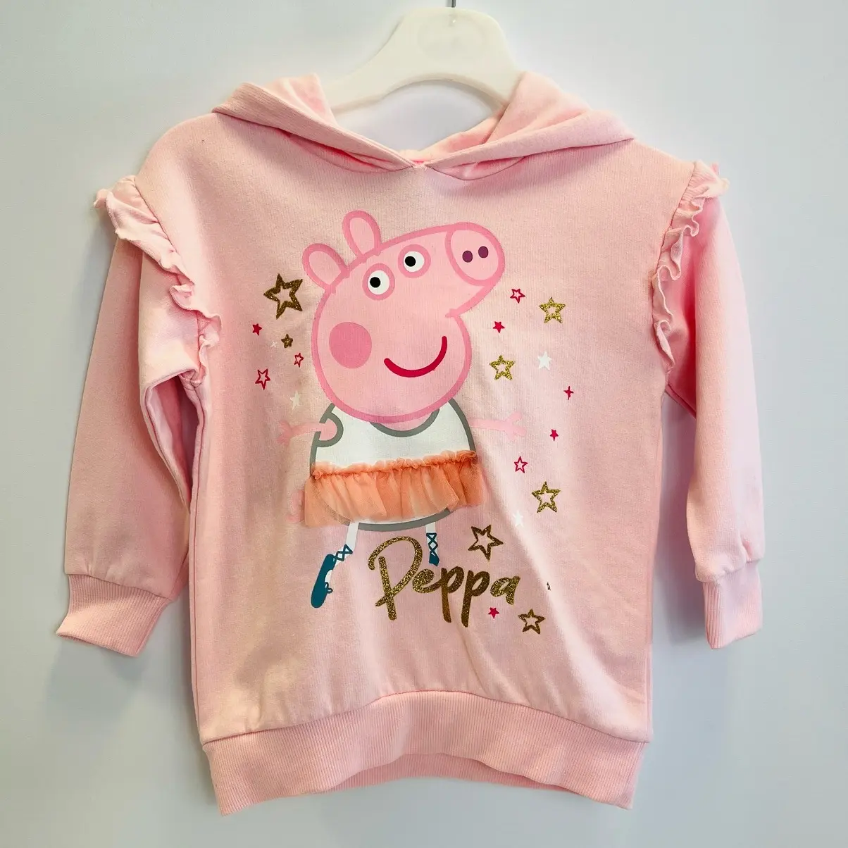 Peppa Pig Girls Pink Glitter Hoodie with Frill Detailing to the Sleeves - Cute and Stylish