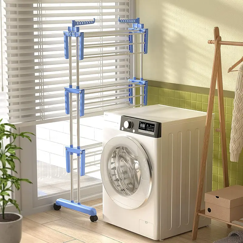 3 Tier Clothes Drying Rack, Adjustable Rolling Laundry Hanger, Foldable Wings Large Stainless Steel Garment Dryer with Casters for Outdoor Indoor Room Hangable 2