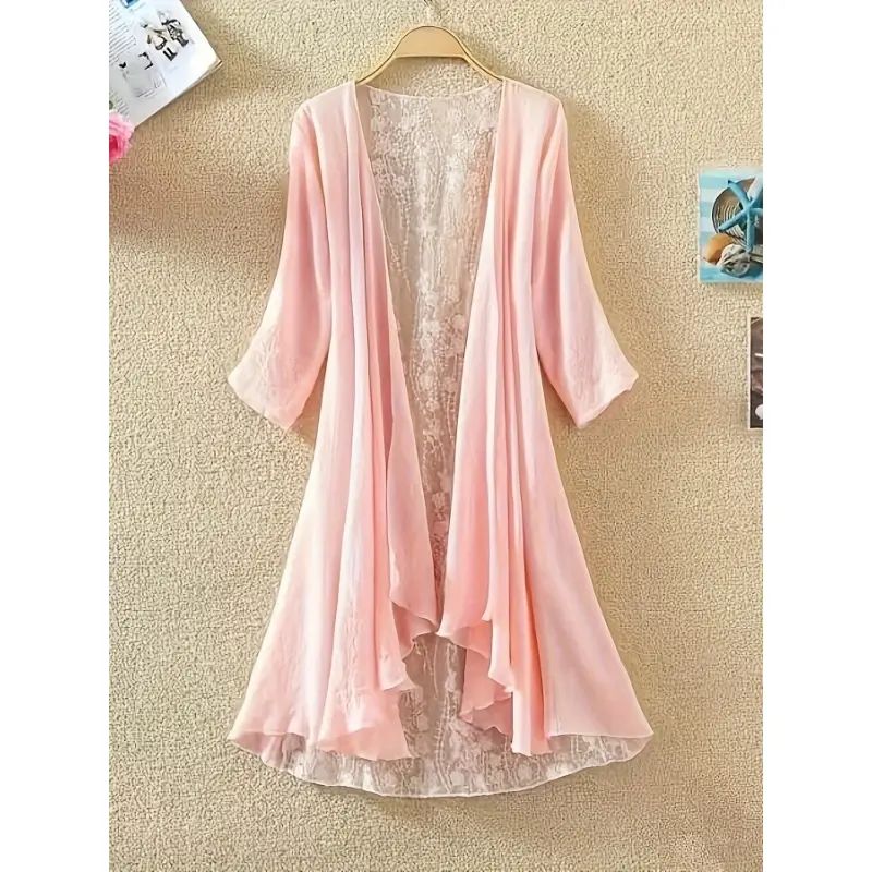1pc, Women's Casual Style Cardigan, Mid-length Lace Stitching, Long Sleeves V Neck Sheer Cover Up Shirt, Beach Vacation 1