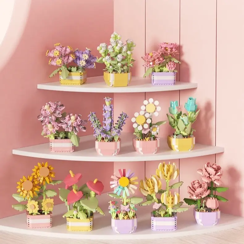 1 set random plant building toys, flower building bricks,creative flower pot design desktop kids diy 2