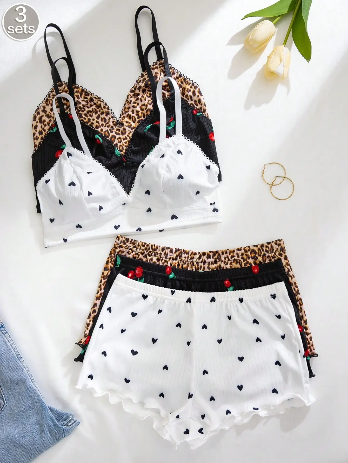6Pcs Set Women's Lace Trim Bra Set | Heart, Cherry & Leopard Print Ruffled Design Comfortable & Stylish Underwear Womenswear