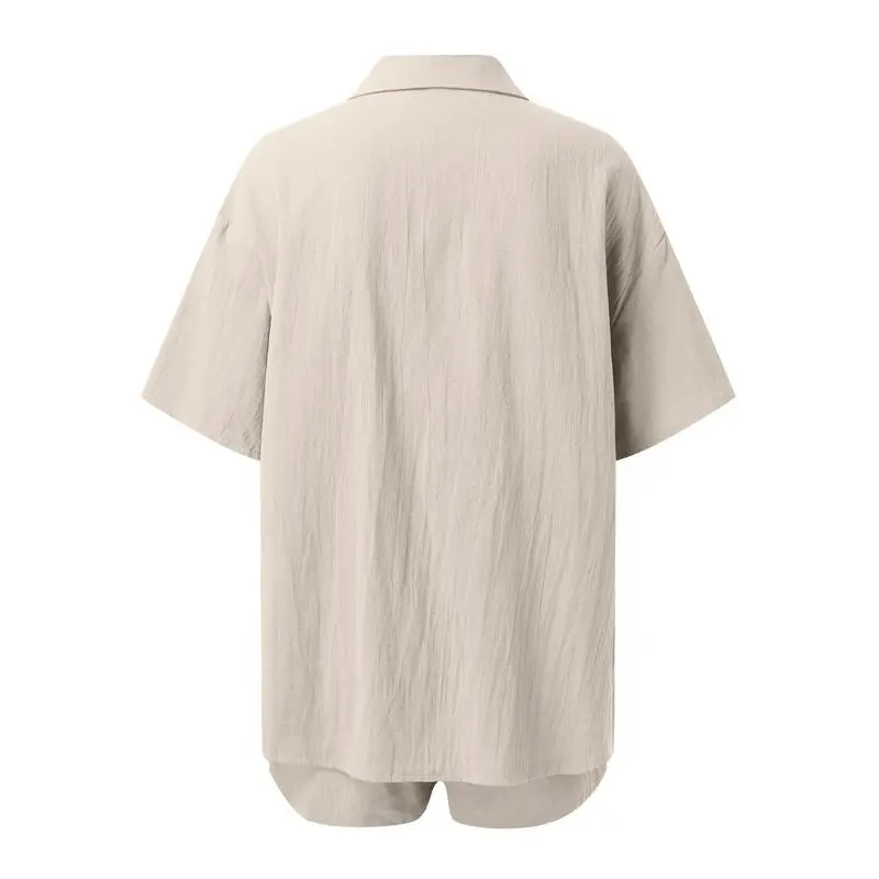 Two-Piece Set Womenswear Solid Button Front Shirt & Drawstring Waist Shorts Set, Comfort Short Sleeve Summer Tops & High Waist Shorts, Back To School Minimalist Co-ords, Ladies Summer Outfits 2025, Holiday Outfits 2024, Y2k Outfits Streetwear. Daily Wear 5