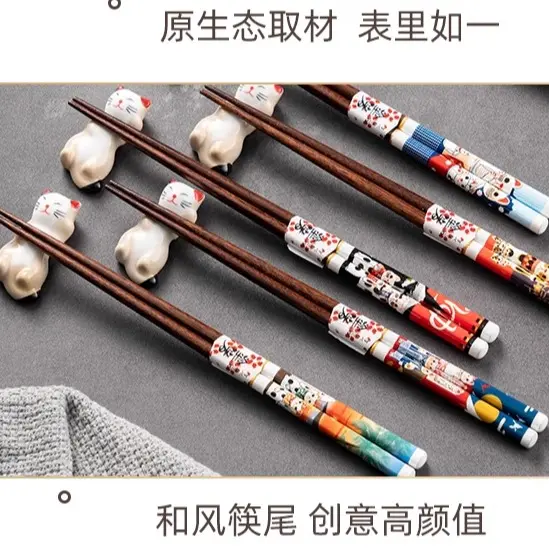 Japanese-style Ghibli Cat Kitty Chopsticks and Chopstick Rest Holder Set: The solid wood utensils come in an anti-slip design and a gift box Inactive Cutlery Tableware 2