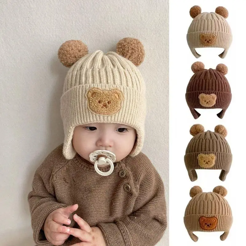 1pc Winter Baby Beanie Cap - Cartoon Bear Ear Protection Knitted Hat For Toddler Boys & Girls - Soft & Warm Wool Blend - Perfect for Cold Weather - Ideal Gift for Baby Shower 0