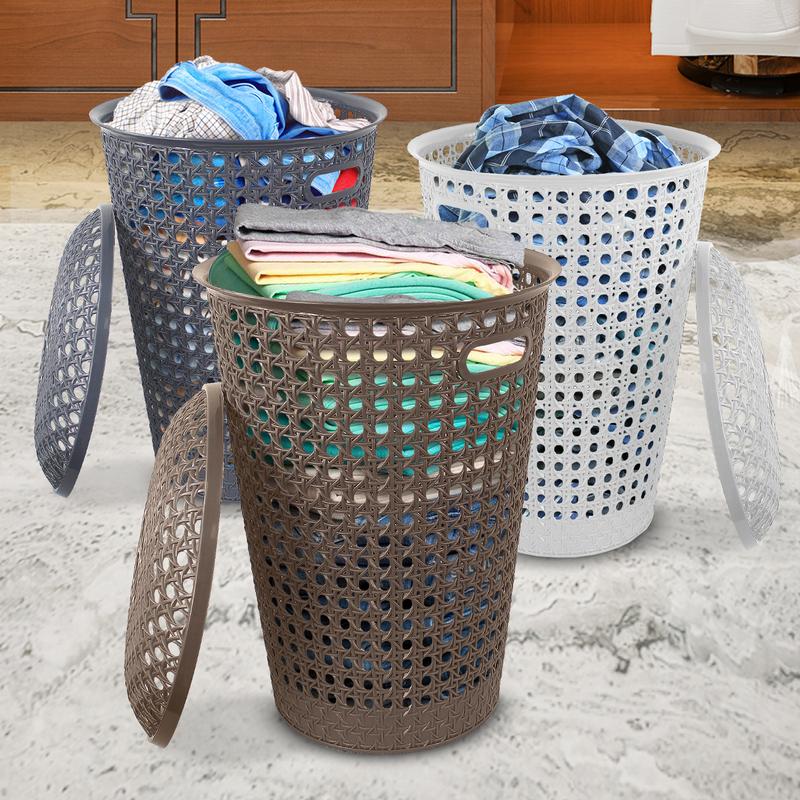 Small Plastic Laundry Basket with Lid and Handles, 48 Litre Basket storage Hamper in Grey, Taupe or White,, 39cm x 26cm x 52cm Organiser Rattan 2