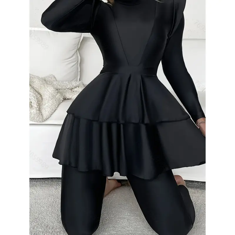 Plain Black Long Sleeve Full Coverage 2 Piece Set Swimsuits, Crew Neck Layered Ruffled Top & Swim Leggings, Women's Swimwear & Clothing Burkini 4