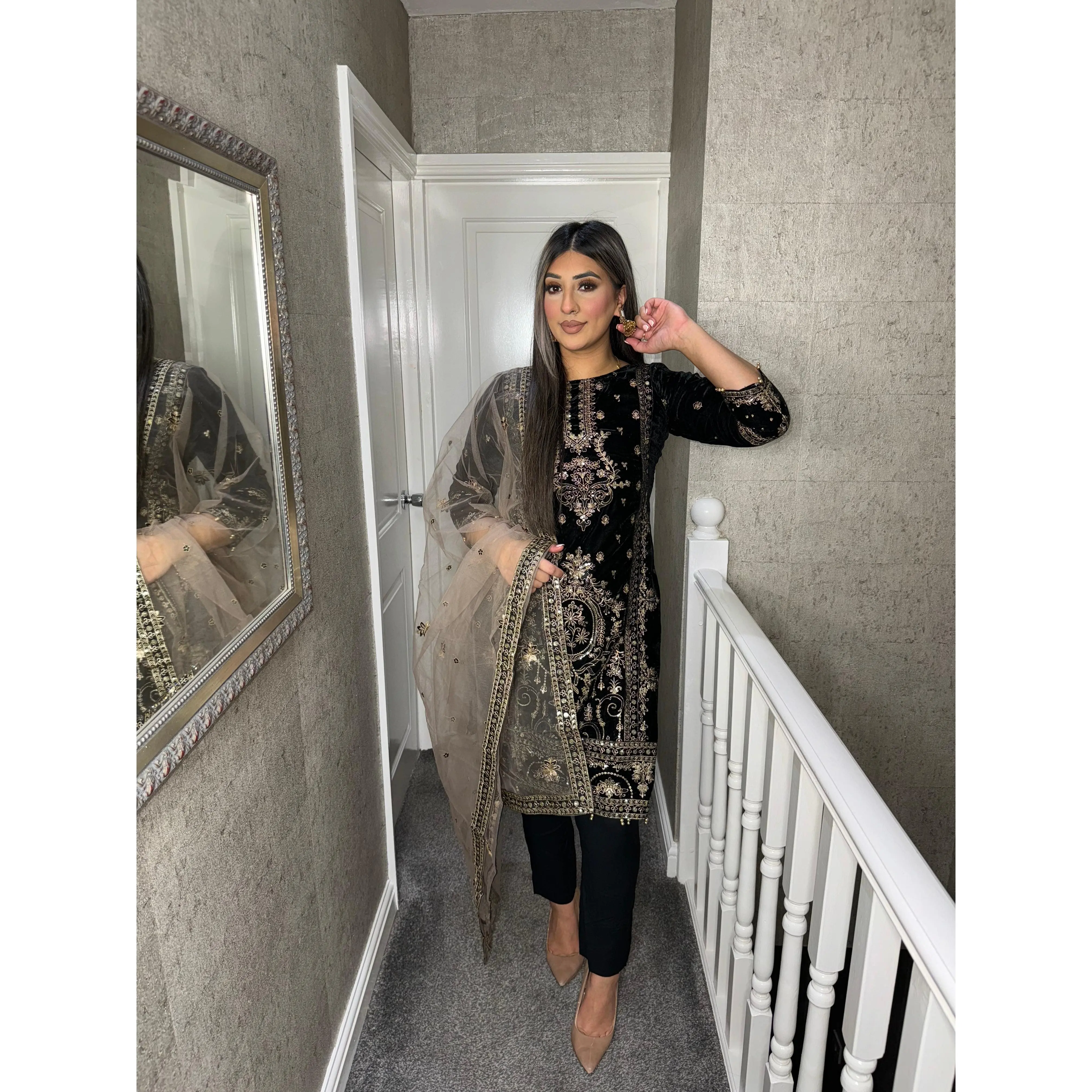 BLACK Velvet Embroidered Shalwar Kameez with chiffon teal duppatta fully stitched 3 piece suit  MT-379A