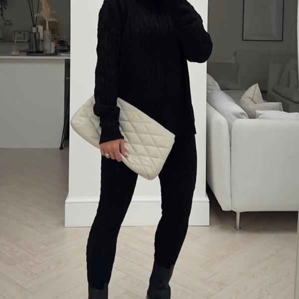 Women's Cable Knit Leggings Set with Roll Neck - Bottoms, Womenswear 4