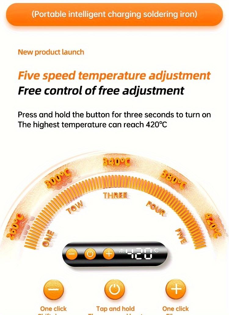 Product Introduction of 1pc Mini Cordless Soldering Iron Kit with Digital Display, 3 Temperature Settings, USB Rechargeable Portable Soldering Tool for Home Appliance Repair, Jewelry Crafting, DIY Projects - Plastic, Orange & Dark Grey, Compatible with PC 7